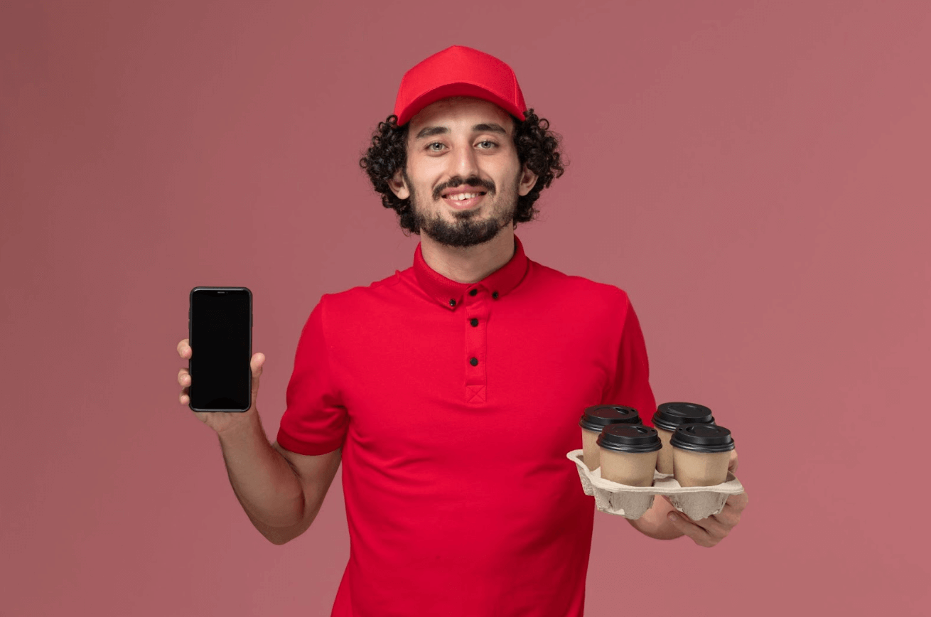 delivery driver holding up a mobile phone